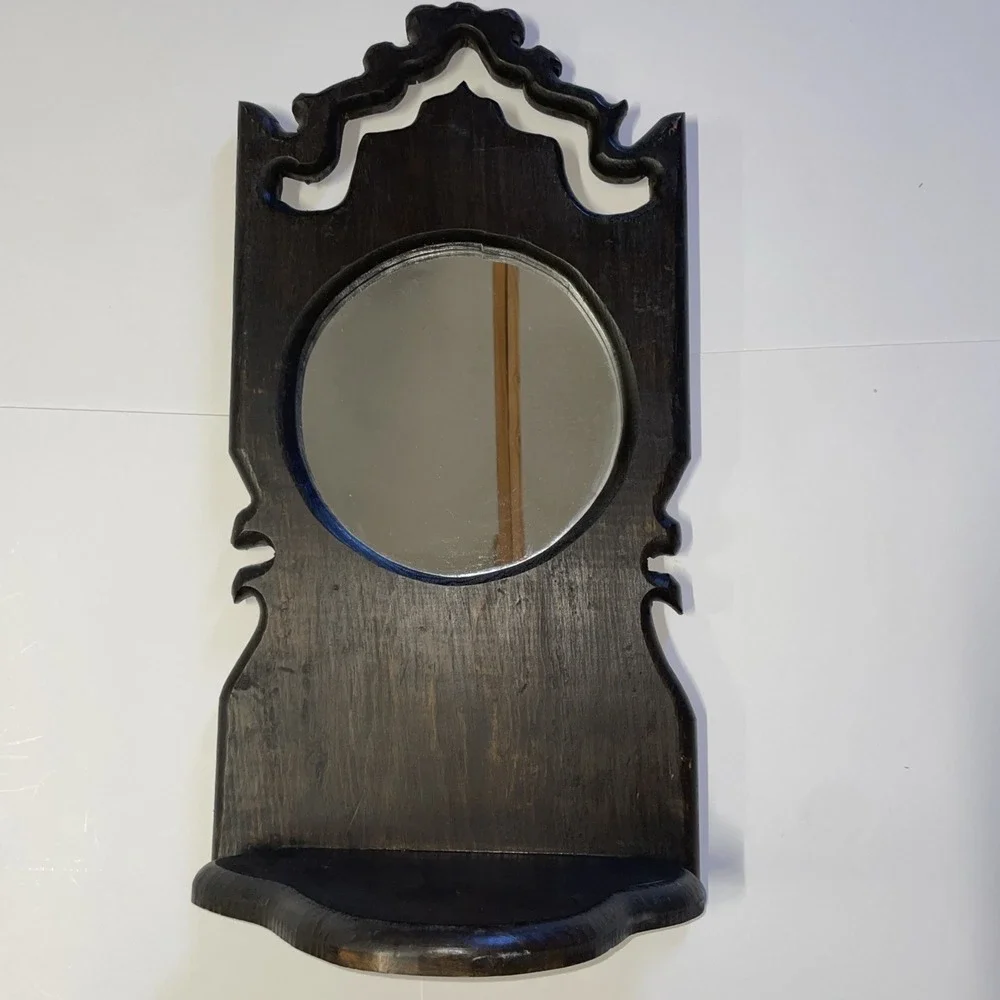 Dark Wood Round Mirror Shelf Home Kitchen Vintage Decor 25 in high